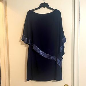 Womens semi-formal Navy dress with sheer/sequin overlay.